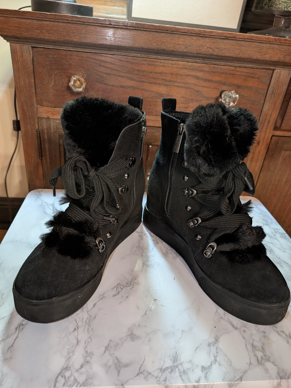 J Slides Black Faux Fur Lace-Up Wedge Ankle Booties